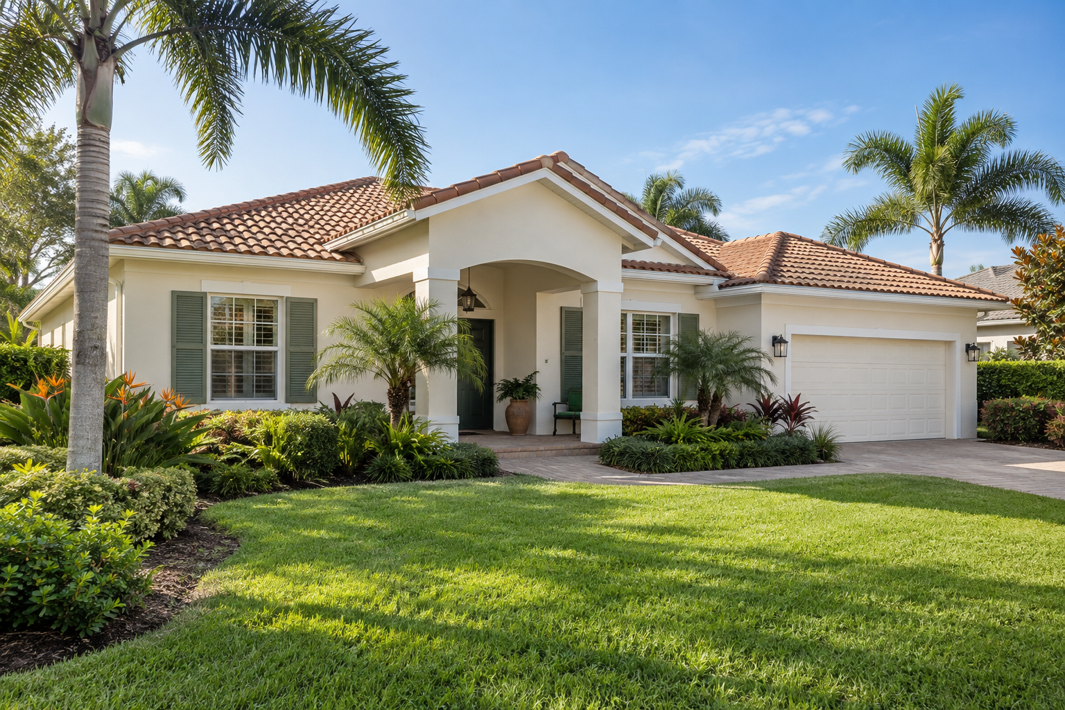 An ivory stucco home with sage shutters, palms, and a sunlit lawn